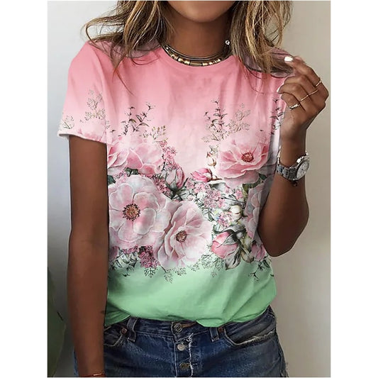 Women Summer Top Vintage Floral TeeT-Shirt Short Sleeve O-neck Clothes Tee Shirt