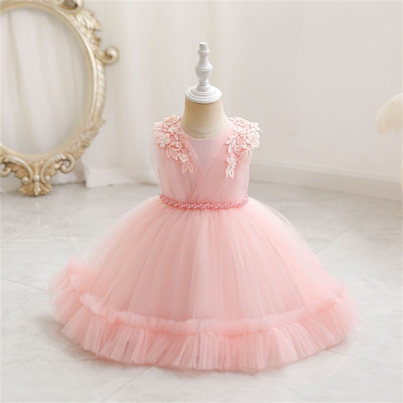 Flower Bow Infant Baby Girl Dress Lace Tutu Baptism Dresses for Girls 1st Year