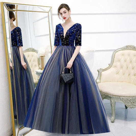 Exquisite Quinceanera Dresses Deep V-Neck Three Quarter Sleeve Prom Dress Elegan