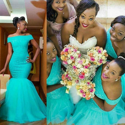 African Wedding Guest Gowns Turquoise Mermaid Bridesmaid Dresses Off the Shoulde