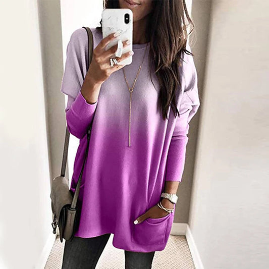 Womenâ€˜s Long Sleeve Pocket Tunic Autumn Tops Blouse Shirt Gradient Loose Winter