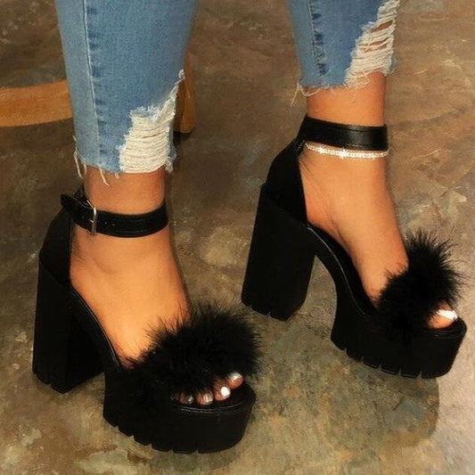 Woman Furry Sandals High Heels with Fur Female Platform Pumps Women Ankle Strap