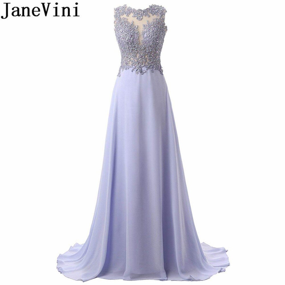 JaneVini Lavender Long Bridesmaid Dresses With Lace Appliques Beaded Chiffon Sle