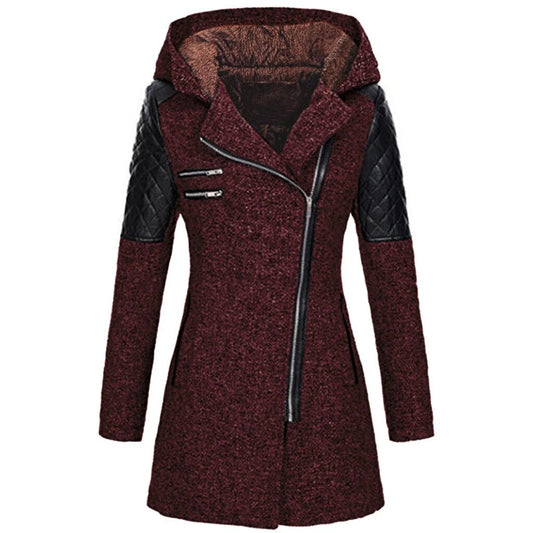 Women's autumn and winter mid length hooded loose diagonal zipper woolen trench