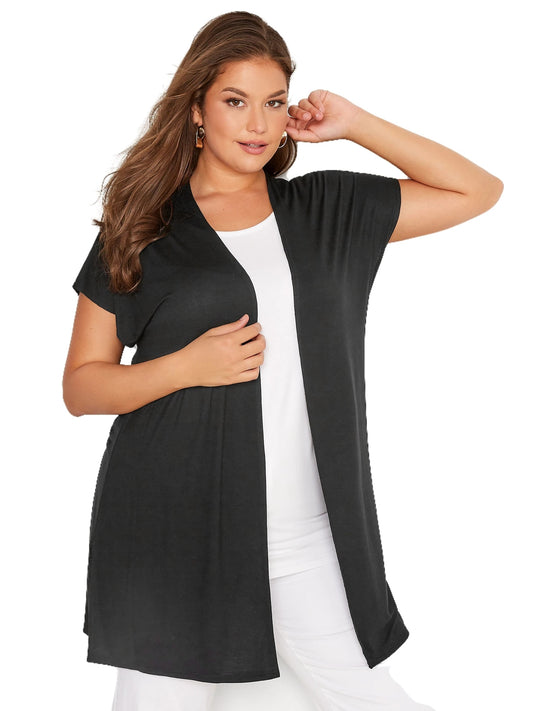 Plus Size Summer Casual Longline Cardigan Women Short Sleeve Loose Black Kimono