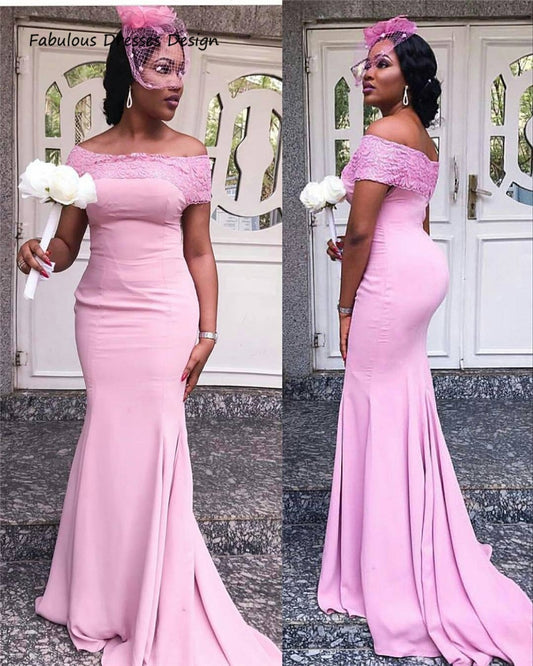 Elegant Lace Off Shoulder Bridesmaid Dresses Long Mermaid Sweep Train Pink Weddi