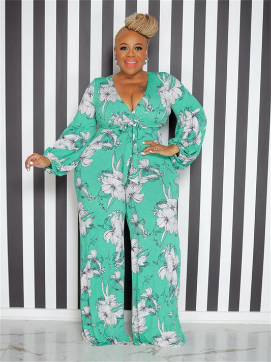 Wmstar Plus Size Romper Women Flower Print Party v Neck Long Sleeve With Sashes