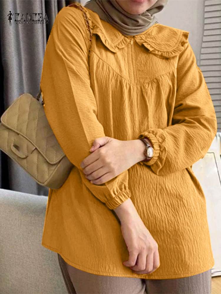 ZANZEA Fashion Ramadan Muslim Blouse Woman Long Sleeve Lapel Neck Chemise Autum