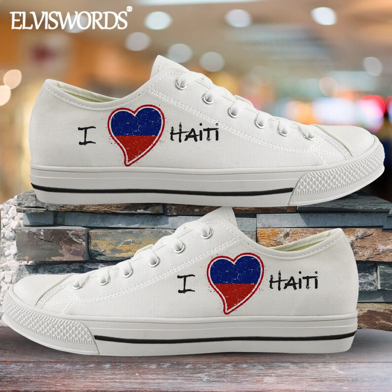 ELVISWORDS Brand Design Haiti Flags Canvas Sneaker for Women Men Leisure Vulca