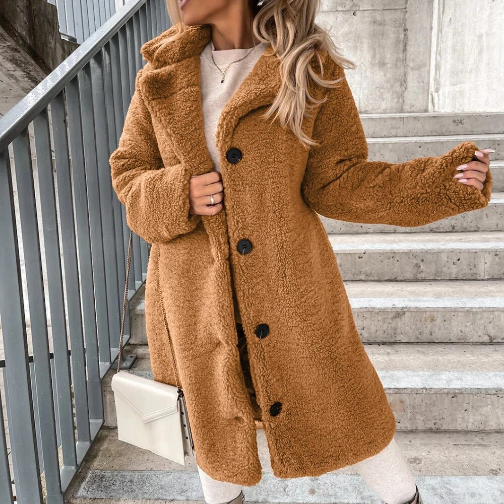 Fall/Winter New Flannel Coat Women Casual Solid Color Plush Lapel Long Sleeve J