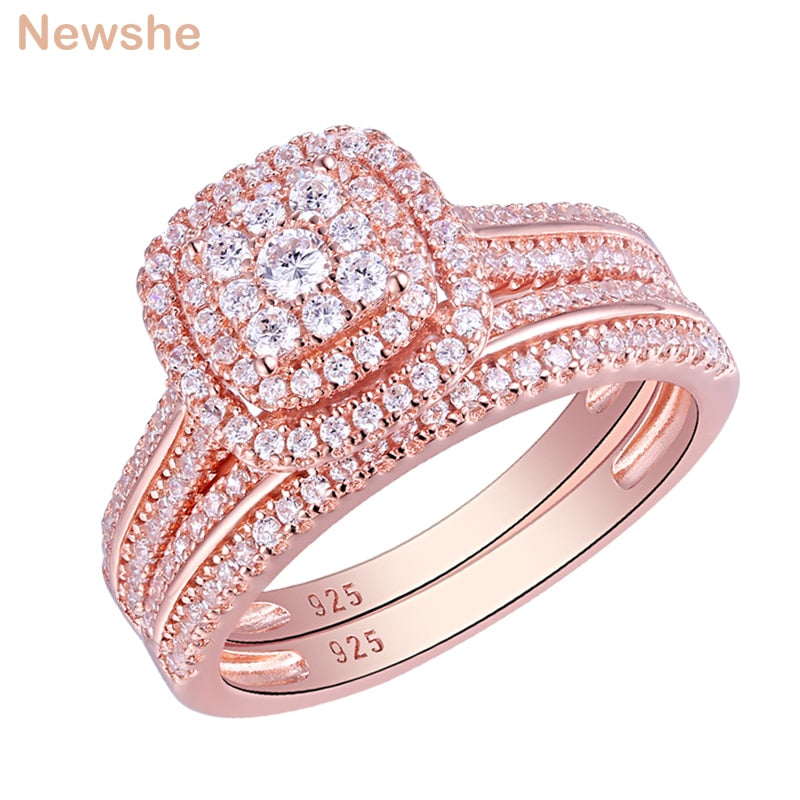 Newshe Double Halo Rose Gold 925 Silver Engagement Ring Bridal Set for Women