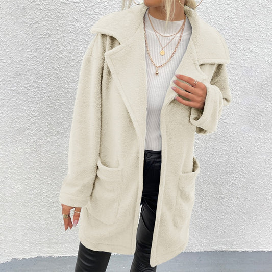 2023 Autumn Winter Coat Women Solid Loose Pockets Cardigan Woolen Coat