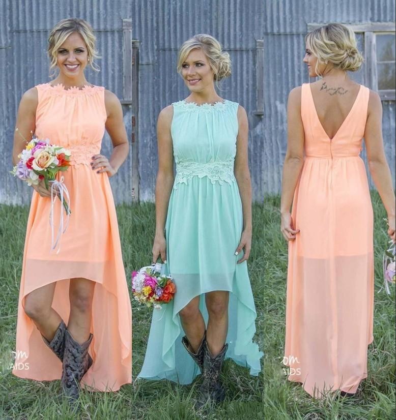 2020 New Cheap Country Bridesmaid Dresses Bateau Backless High Low Chiffon Coral