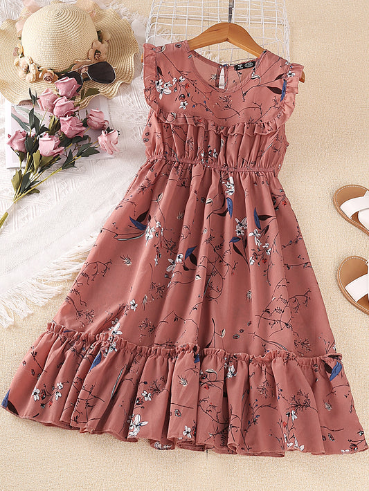 Girls Floral Print Ruffle Trim Pleated Belted Dress