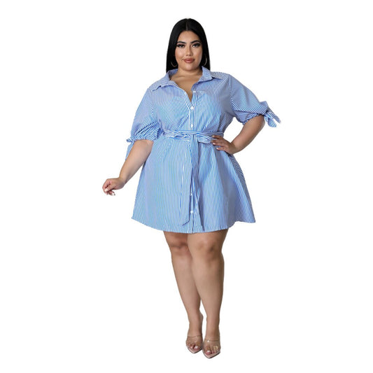 SOMO Blue Striped Plus Size Dress Women Elegant Turn Down Collar Lace Up Mini Ca