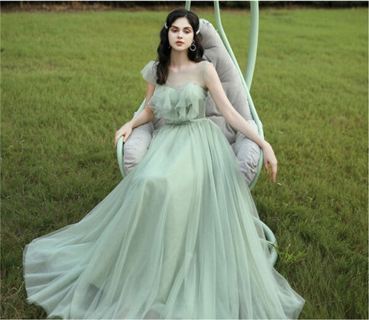 Lady Green Bridesmaid Dresses Illusion O-Neck Floor Length Graduation Tulle Prom