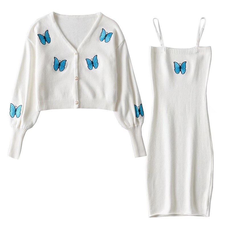 Retro Embroidery Butterfly Cardigan Korea style Long sleeve Knitted Sweater Slas