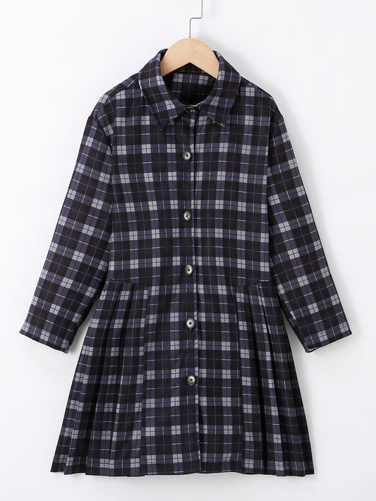 Girls Plaid Fold Pleated Coat