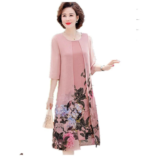 NEW Chiffon Dress Fake Two Pieces Women Summer Loose Middle Age Mother Three Qu