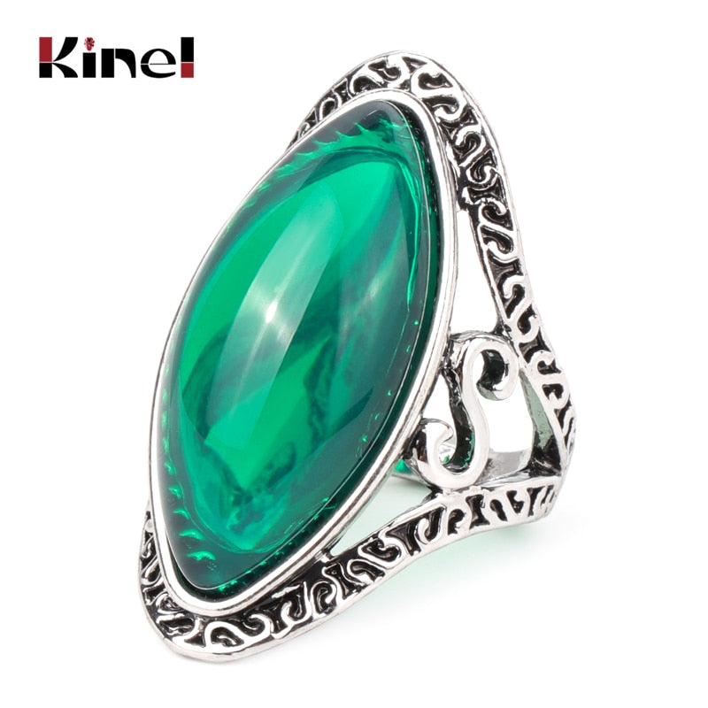 Kinel Boho Green Big Oval Finger Rings For Women Vintage Antique Tibetan Silver