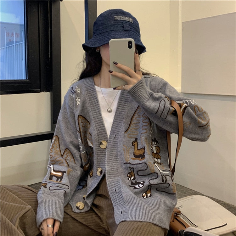 Letter Embroidery Loose Sweaters Women Winter Women Coat Cardigan Preppy Style