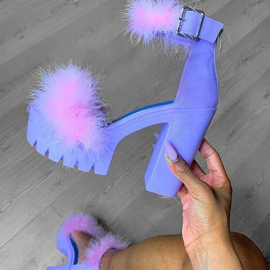 Woman Furry Sandals High Heels with Fur Female Platform Pumps Women Ankle Strap