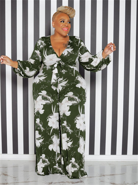 Wmstar Plus Size Romper Women Flower Print Party v Neck Long Sleeve With Sashes