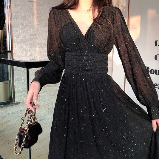 Women Dress Autumn V-Neck Long Sleeve Shiny Midi Dress A-Line Evening Night Part