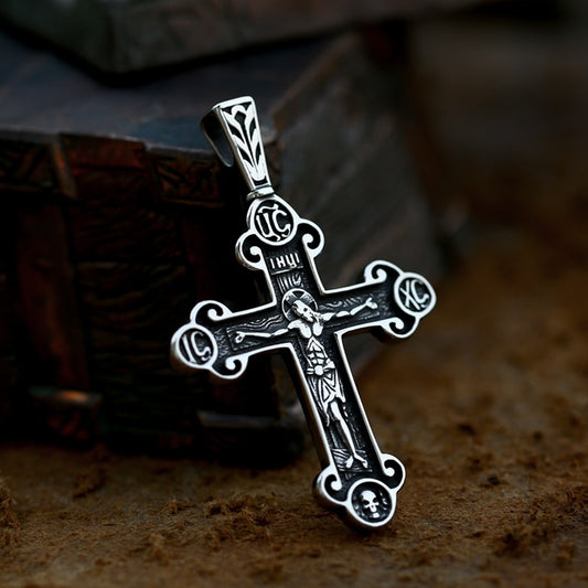 Jesus Cross Men's Stainless Steel Crucifix Eastern Orthodox Pendant Chain