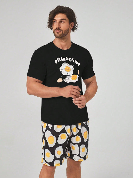 Men Cartoon & Letter Graphic PJ Set