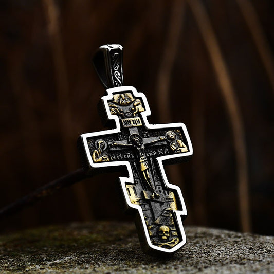 Jesus Cross Men's Stainless Steel Crucifix Eastern Orthodox Pendant Chain