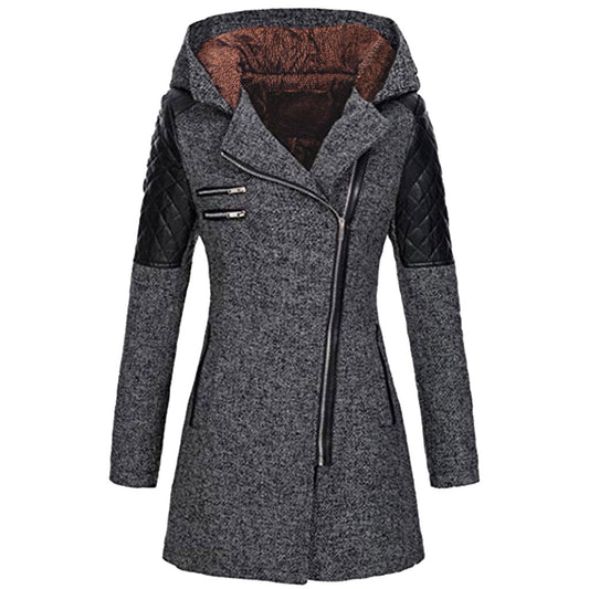 Women's autumn and winter mid length hooded loose diagonal zipper woolen trench