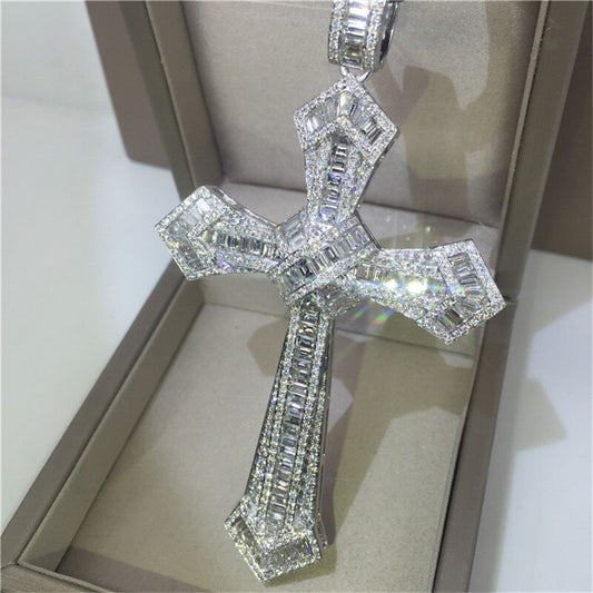 14K Gold Long Diamond Cross Pendant 925 Sterling Silver Party Wedding