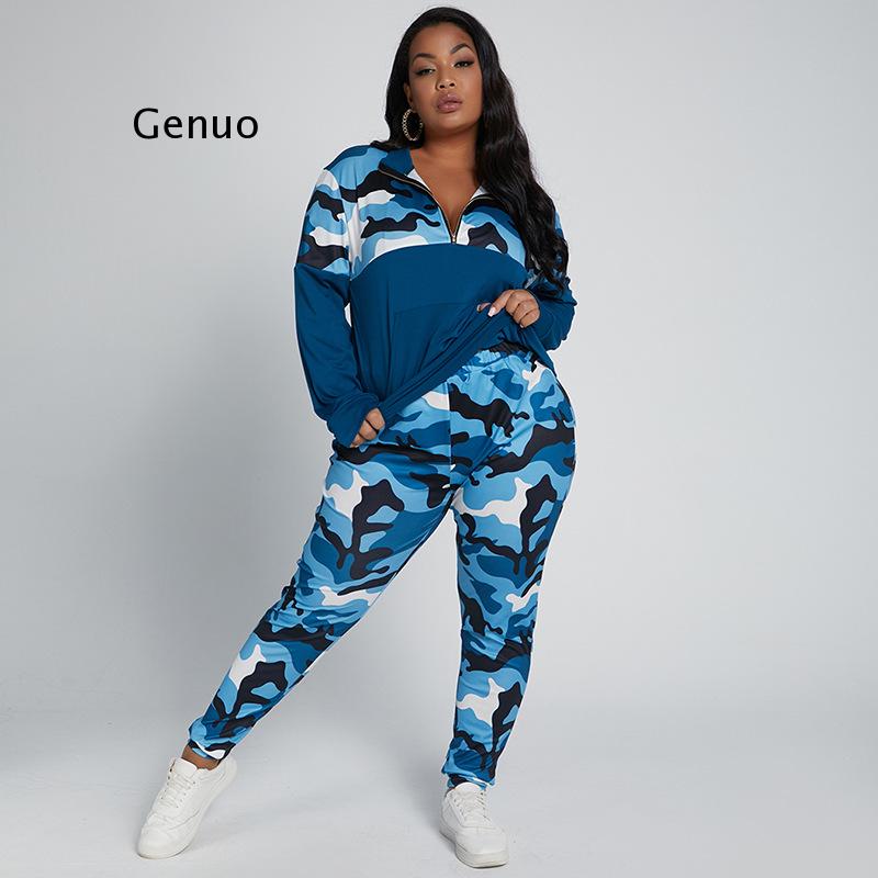 Plus Size S-5Xl 2 Piece Outfits for Women Camouflage Printed Stretch Casual Jog