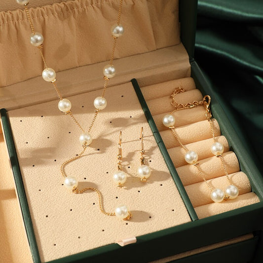 4pcs Gold-color Necklace Earring Bracelet Set Ladies Elegant Imitation-Pearls C