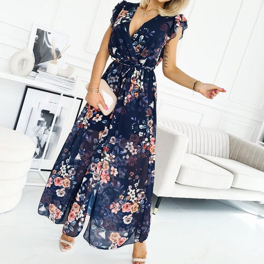 Summer Short Sleeve Belted Women Long Dress Lady Fashion Floral Print Boho