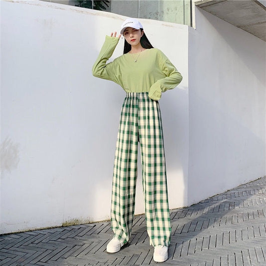 Harajuku Plaid Pants Women Oversize Wide Leg Trousers Female Korean Style