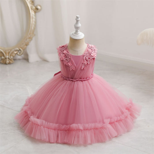 Flower Bow Infant Baby Girl Dress Lace Tutu Baptism Dresses for Girls 1st Year