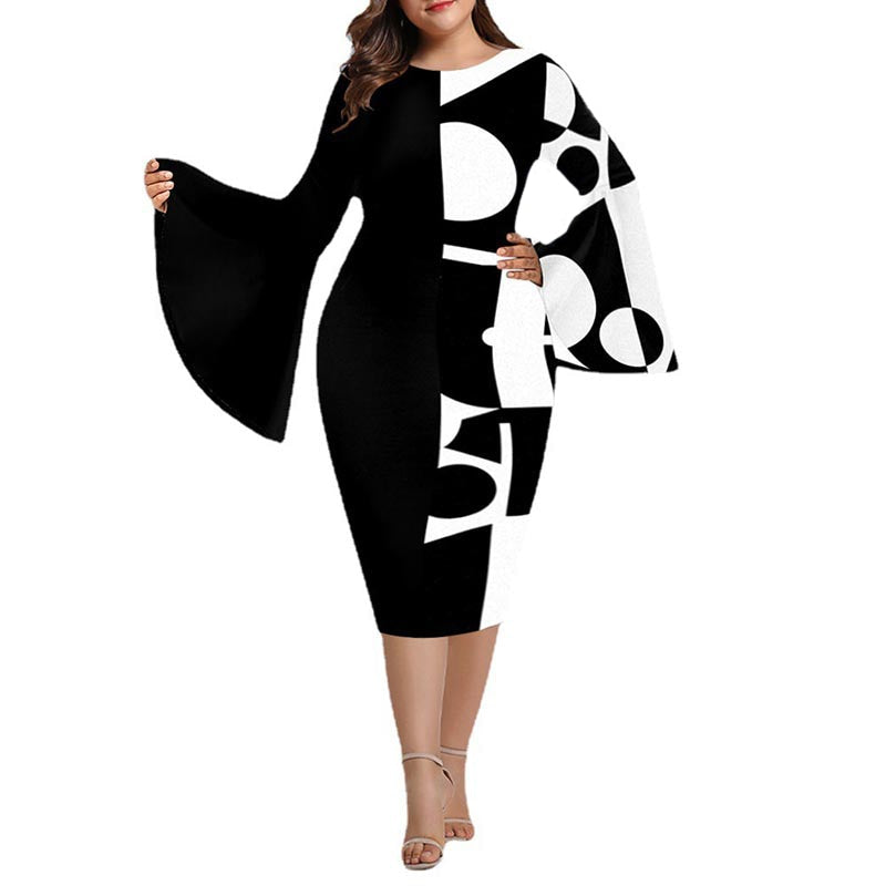 WYBLZ Plus Size Dresses for Women Geometric Print Club Vestidos Long Sleeve Wome