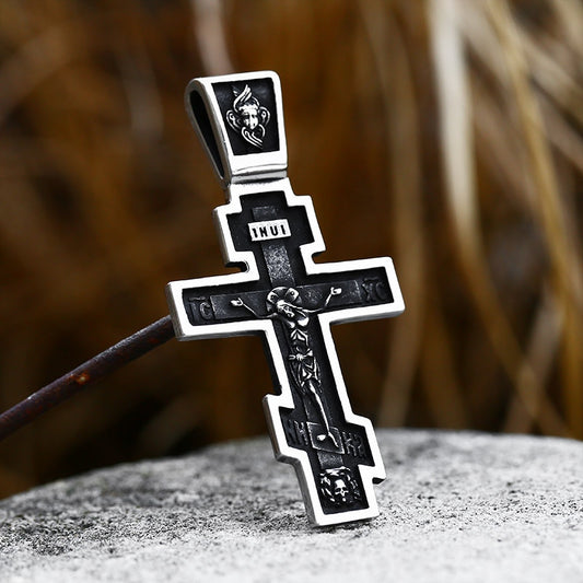 Jesus Cross Men's Stainless Steel Crucifix Eastern Orthodox Pendant Chain