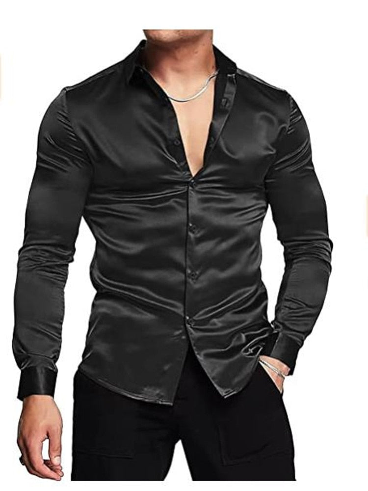 Men's luxurious shiny silk satin dress shirt Long sleeved casual slim muscle