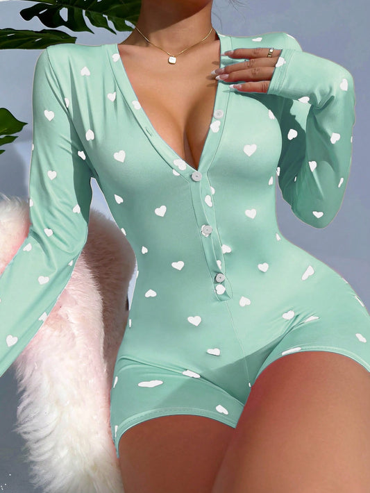 Heart Print Button Front Romper