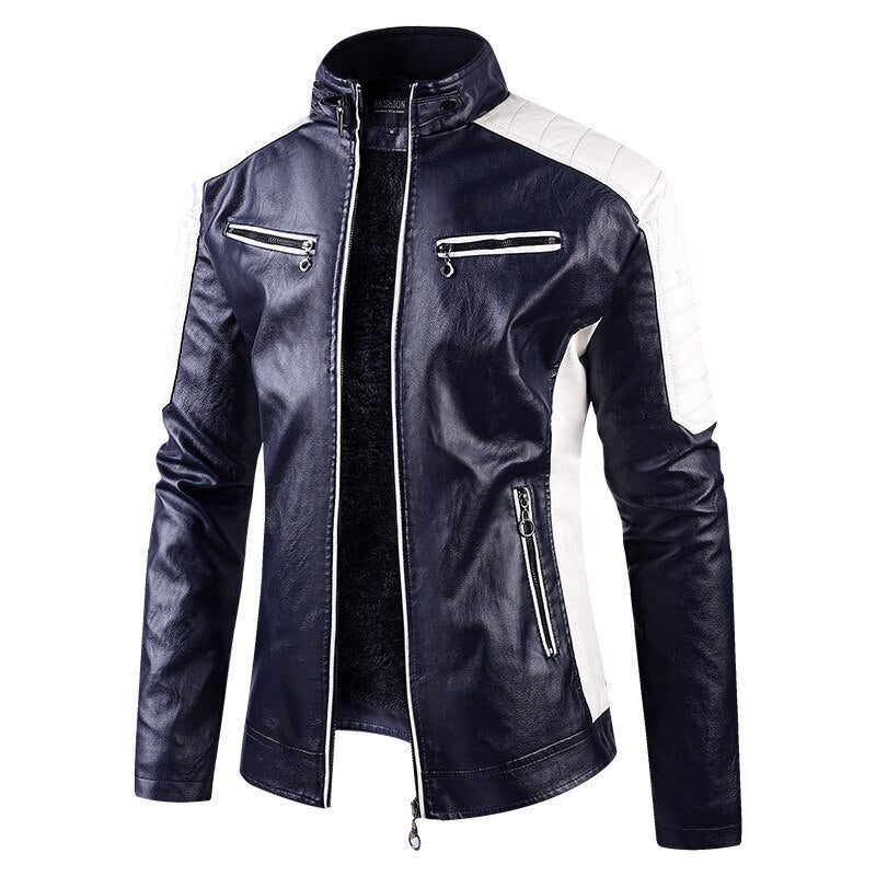 Men's Splicing Leather Bomber Jacket Fashion Motorcycle Jacket Retro Style Warm