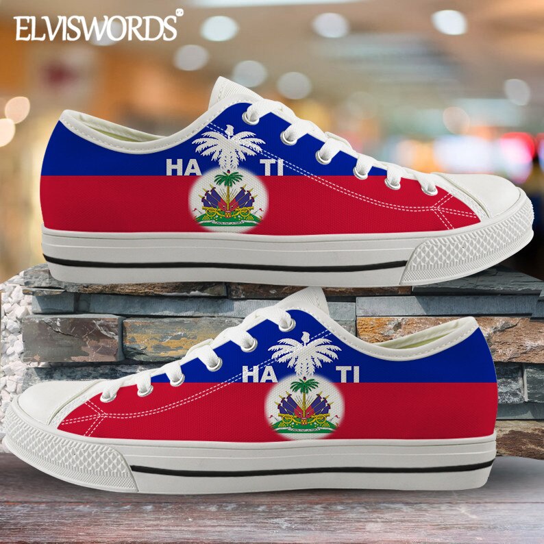 ELVISWORDS Brand Design Haiti Flags Canvas Sneaker for Women Men Leisure Vulca