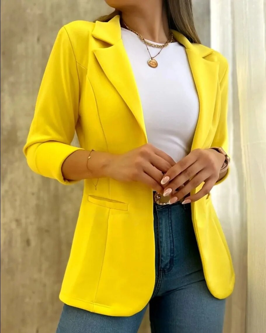 Thin Women Chic Office Lady No Buckle Blazer Vintage Coat Autumn Fashion Lapel