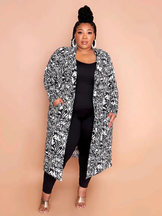 Plus Size Geometric Print Long Sleeve Coat, Women's Plus Slight Stretch Casual