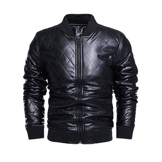 Men's Leather Jacket Casual Patchwork Leather Jacket Collar Zipper Leather Jacke