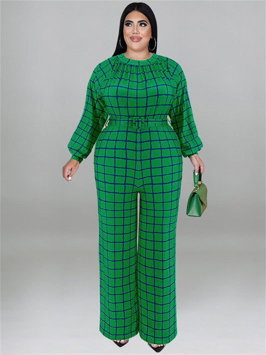 Wmstar Plus Size Jumpsuit Women With Belt Plaid One Piece Outfits Casual Wide Le