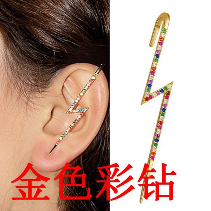 Trend Punk Needle Lightning Stud Earrings For Women Simple Zircon Ear Hooks Pie