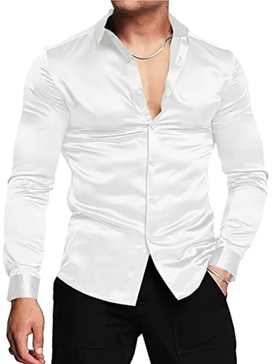 Men's luxurious shiny silk satin dress shirt Long sleeved casual slim muscle